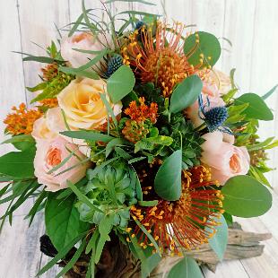 BB1425-Organic Peach and Blue Hand Tied Bouquet