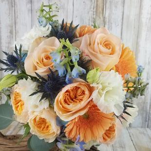 BB1466-Apricot and Light Blue Brides Bouquet
