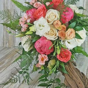 BB1480-Coral Peony, Blush and Light Orange Rose Brides Bouquet