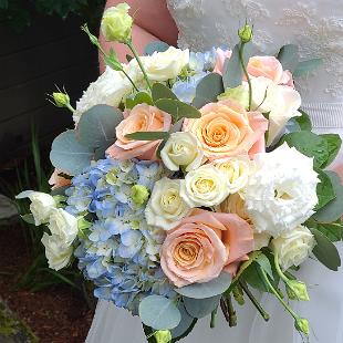 BB1542-Romantic Blue, Peach and White Brides Bouquets