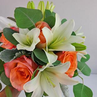 BB1552-White Lily and Coral Rose Brides Bouquet