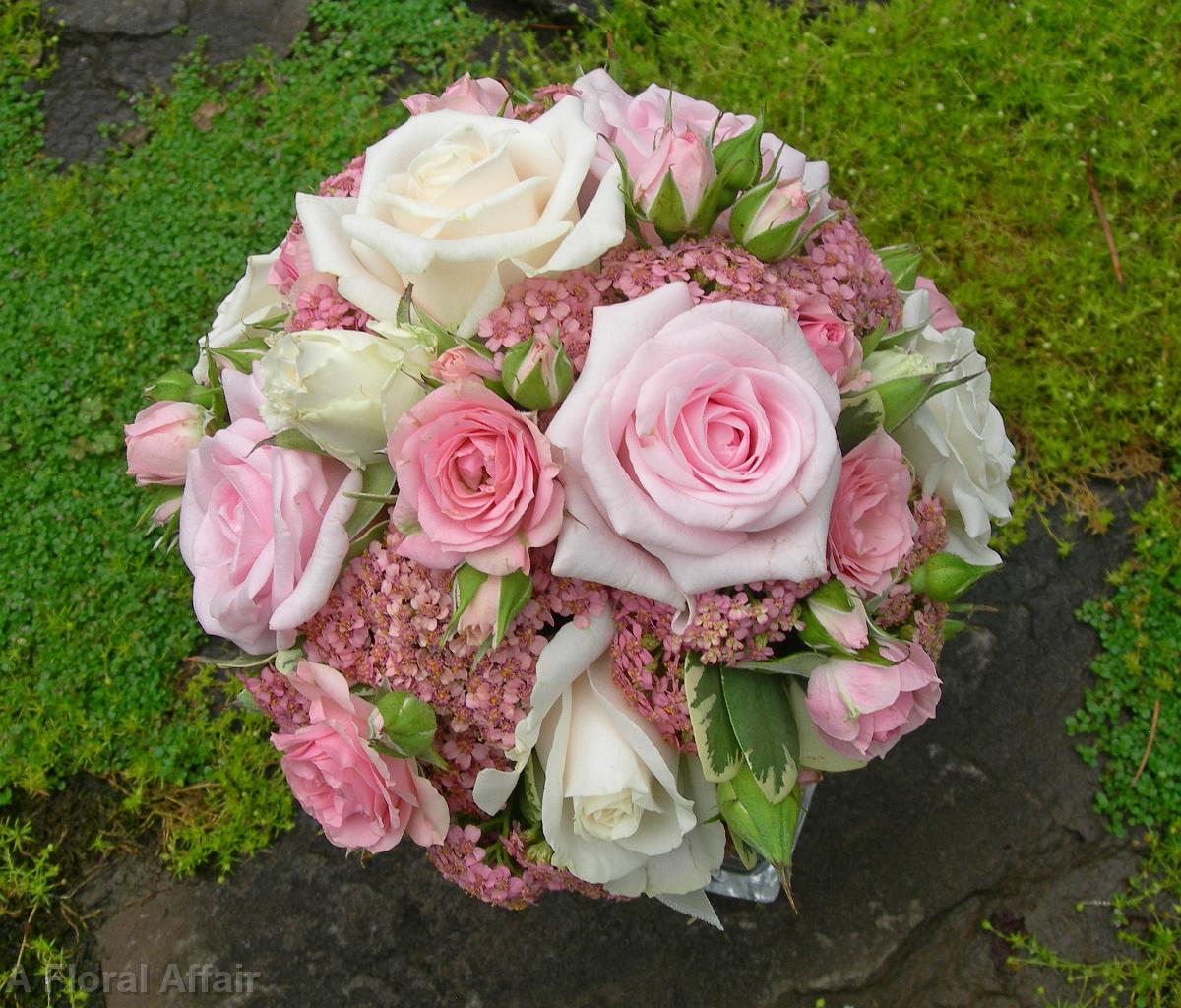 BB0124-Round Pink Rose and Yarrow Bouquet
