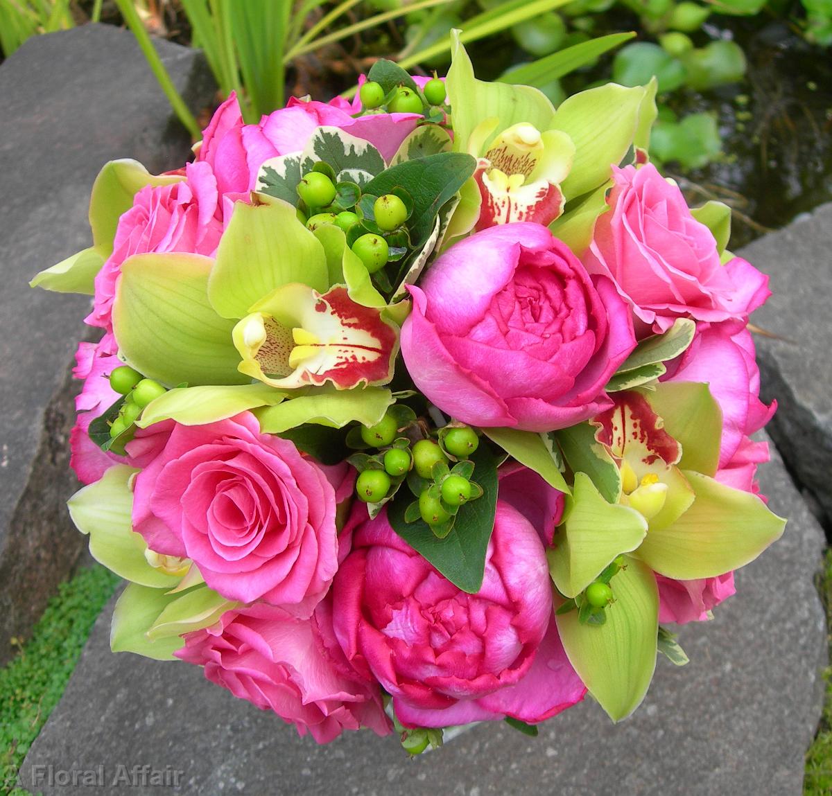 BB0142-Bright Pink Rose, Green Cymbidium Orchid Bouquet