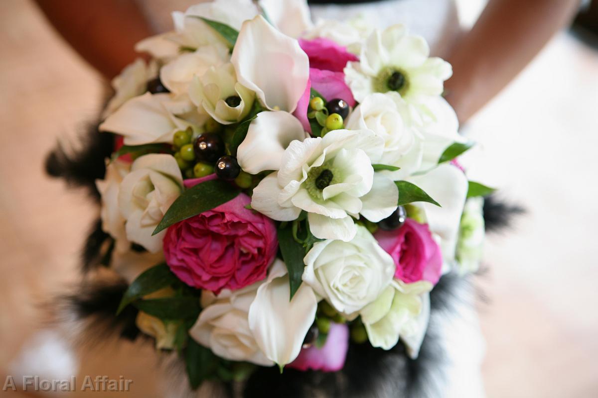 BB0190-Hot Pink, Black Feathers and White Brides Bouquet