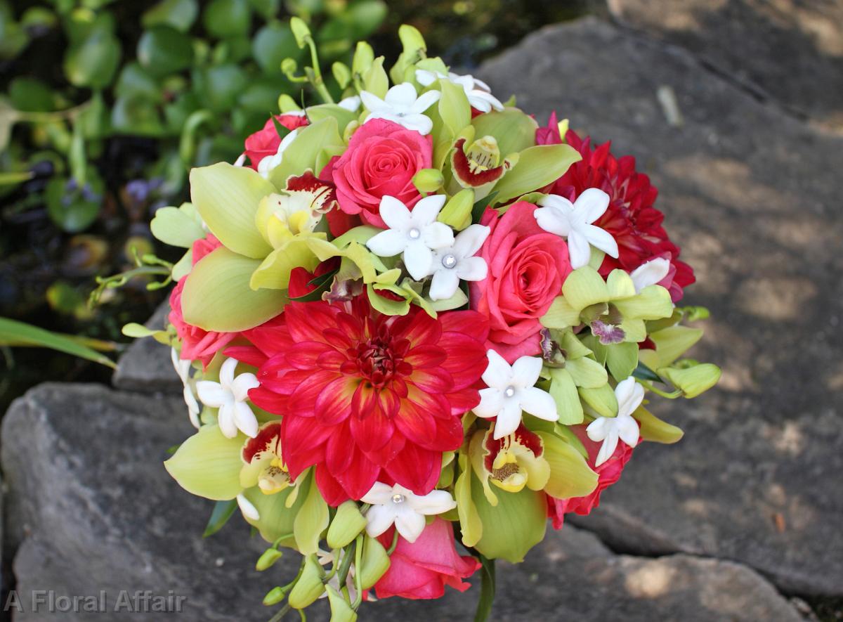 BB0371-Watermelon Dahlia and Green Orchid Wedding Bouquet