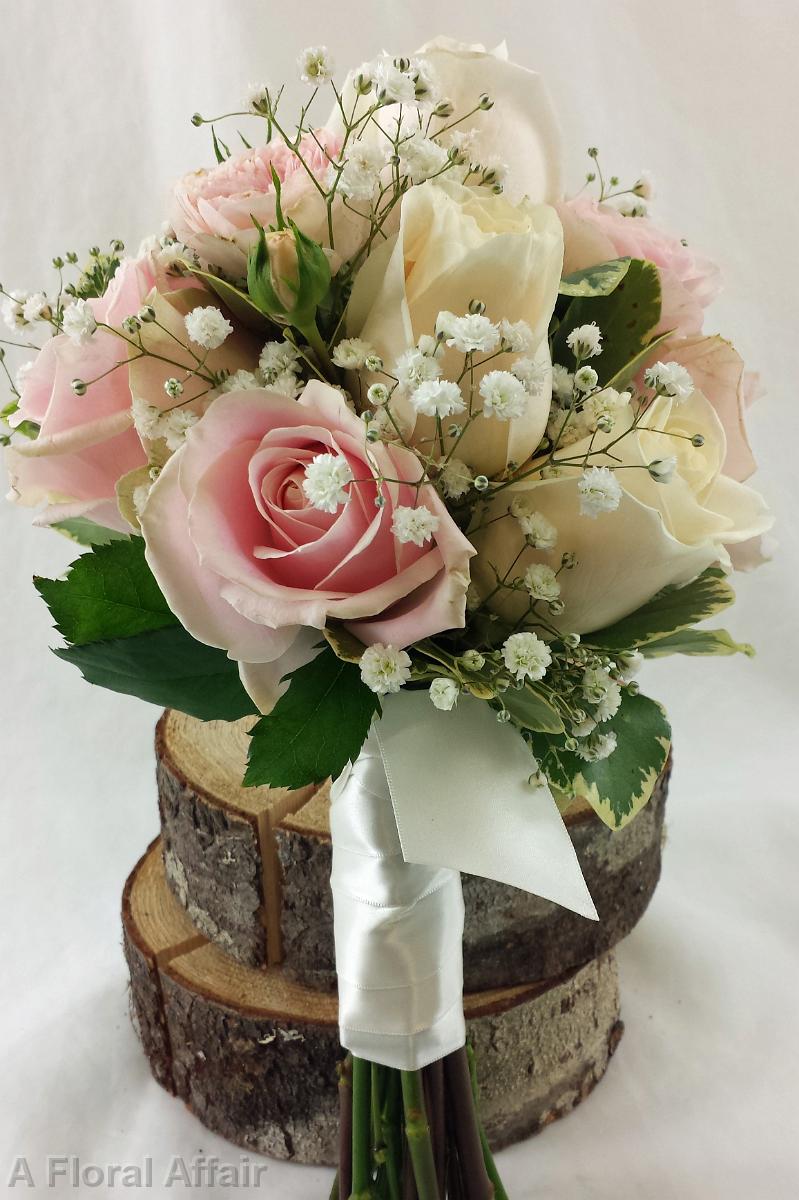 BB1024-Simple Hand Tied Pink and White Rose Bridesmaids Bouquet