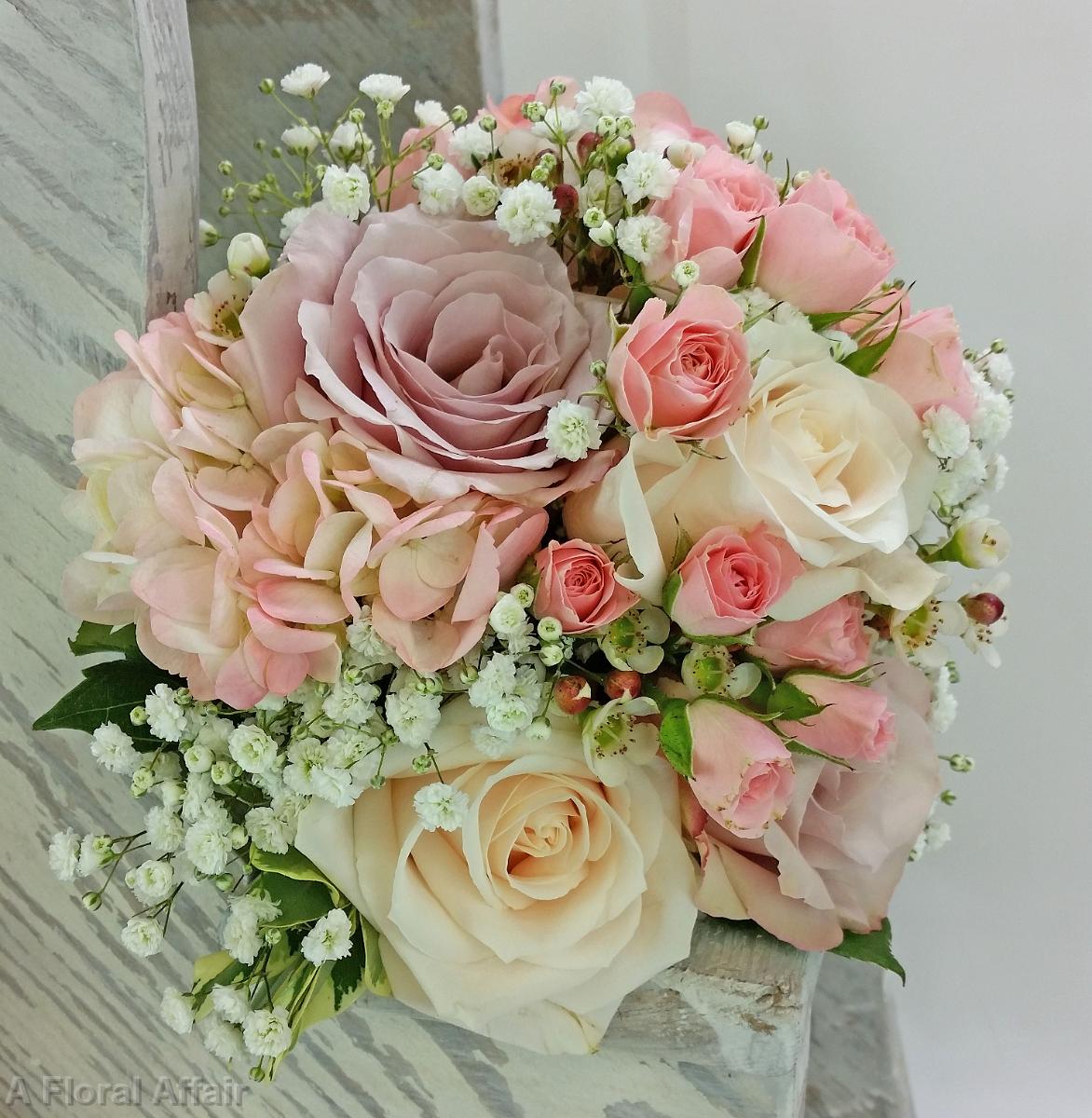 BB1108-Pink Rose and Babys Breath Bridesmaids Bouquet