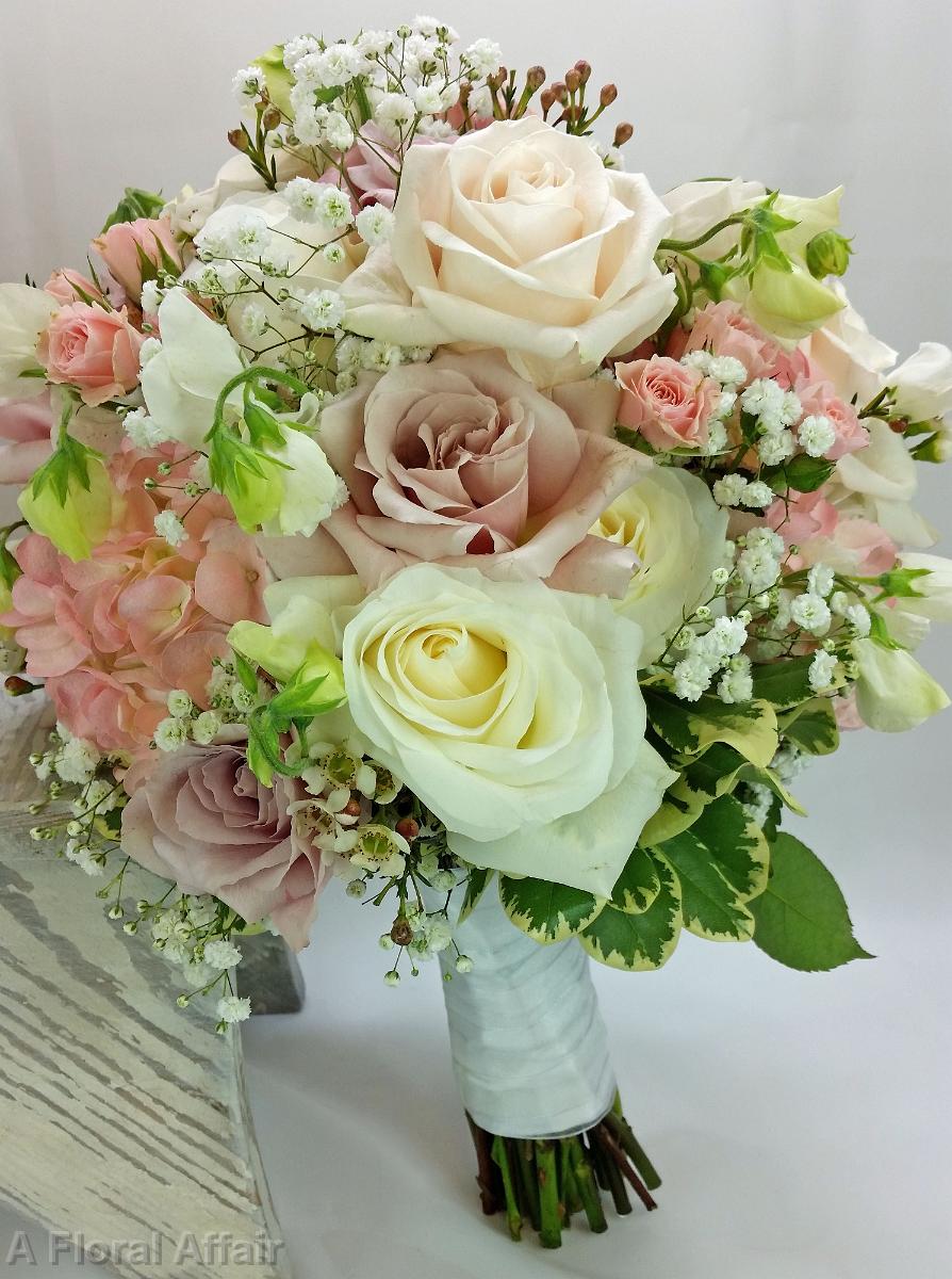 BB1109-Petal Pink, Champagne and White Vintage Wedding Bouquet