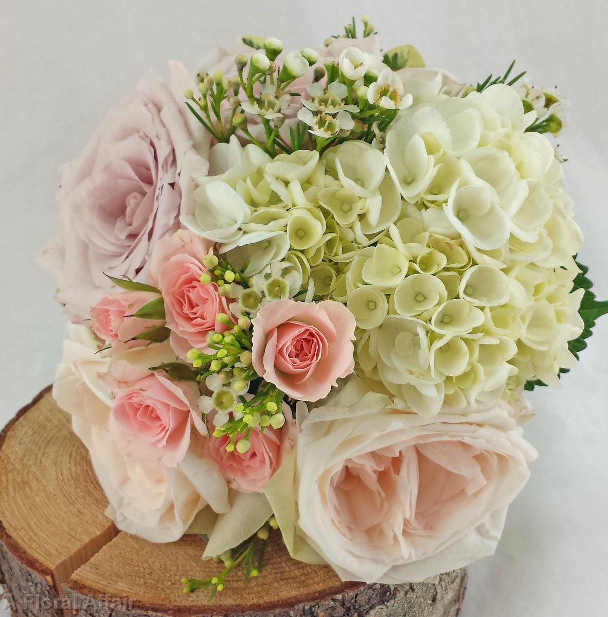 BB1303-Mauve and White Rose, Hydrangea and Wax Flower Small Wedding Bouquet