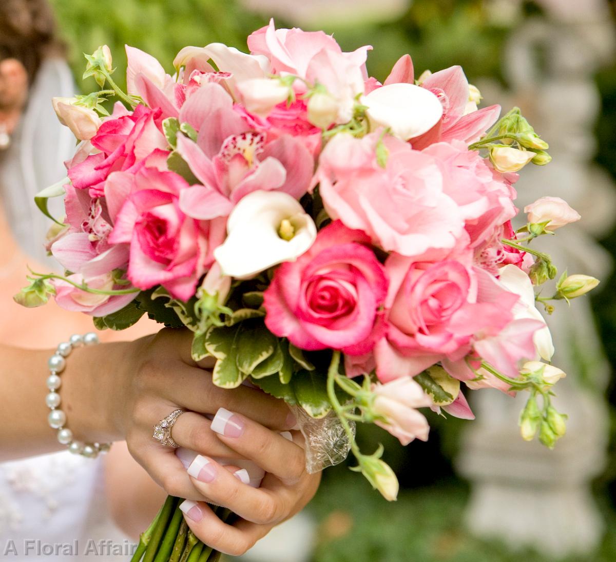 BB1309-Pink Rose, Orchid, Mini Calla and Sweetpea Wedding Bouquet