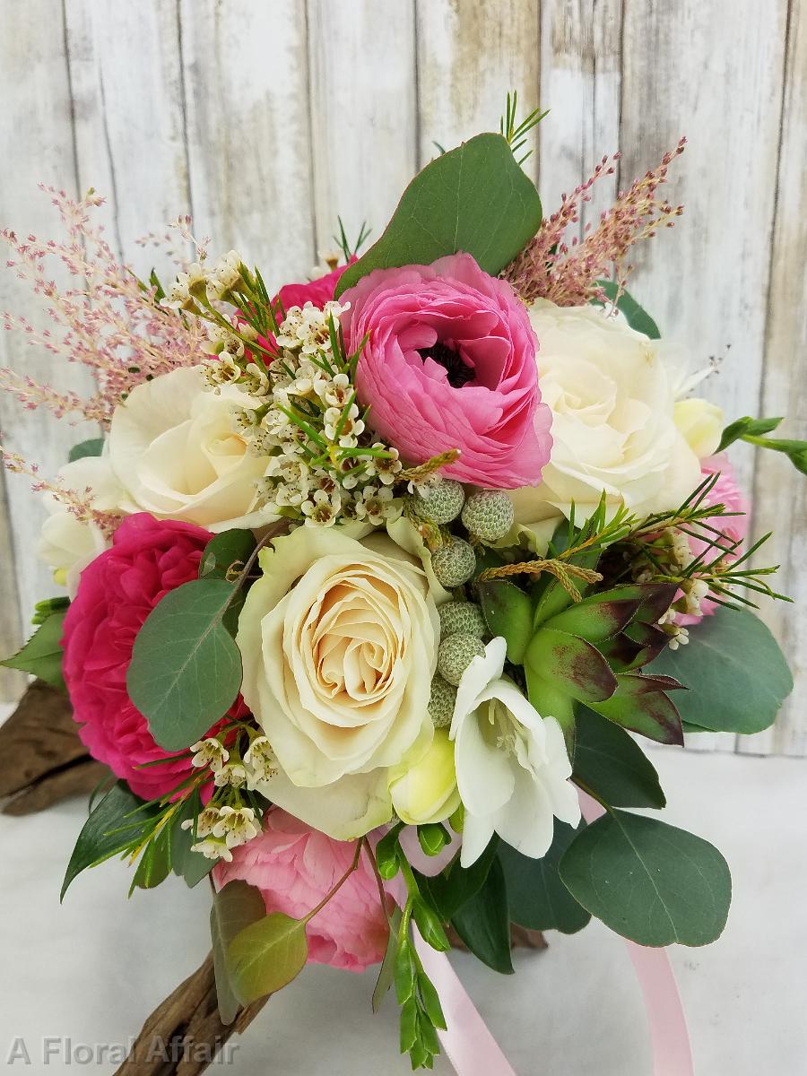 BB1329-Pink and White Garden Rose Wedding Bouquet
