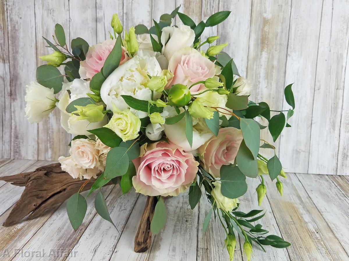 BB1417-Loose Greenery, Peony and Pink Rose Brides Bouquet