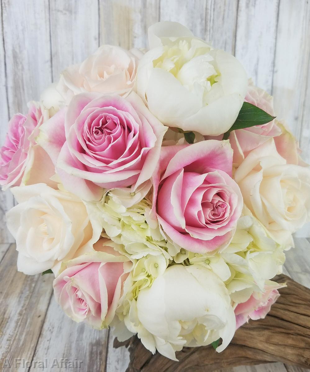 BB1427-Romantic White Peony and Pink Rose Brides Bouquet