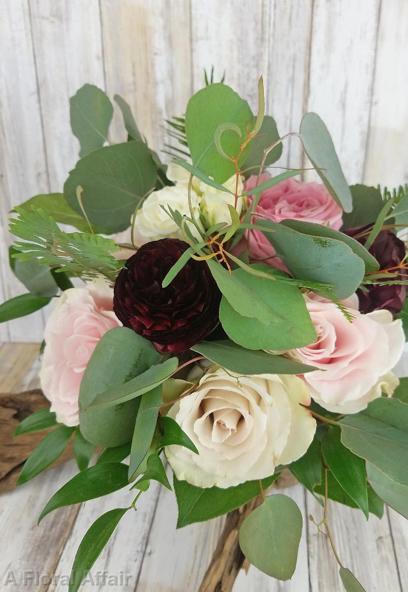 BB1428-Pink And Wine Rose and Eucalyptus Bridesmaid's Bouquet