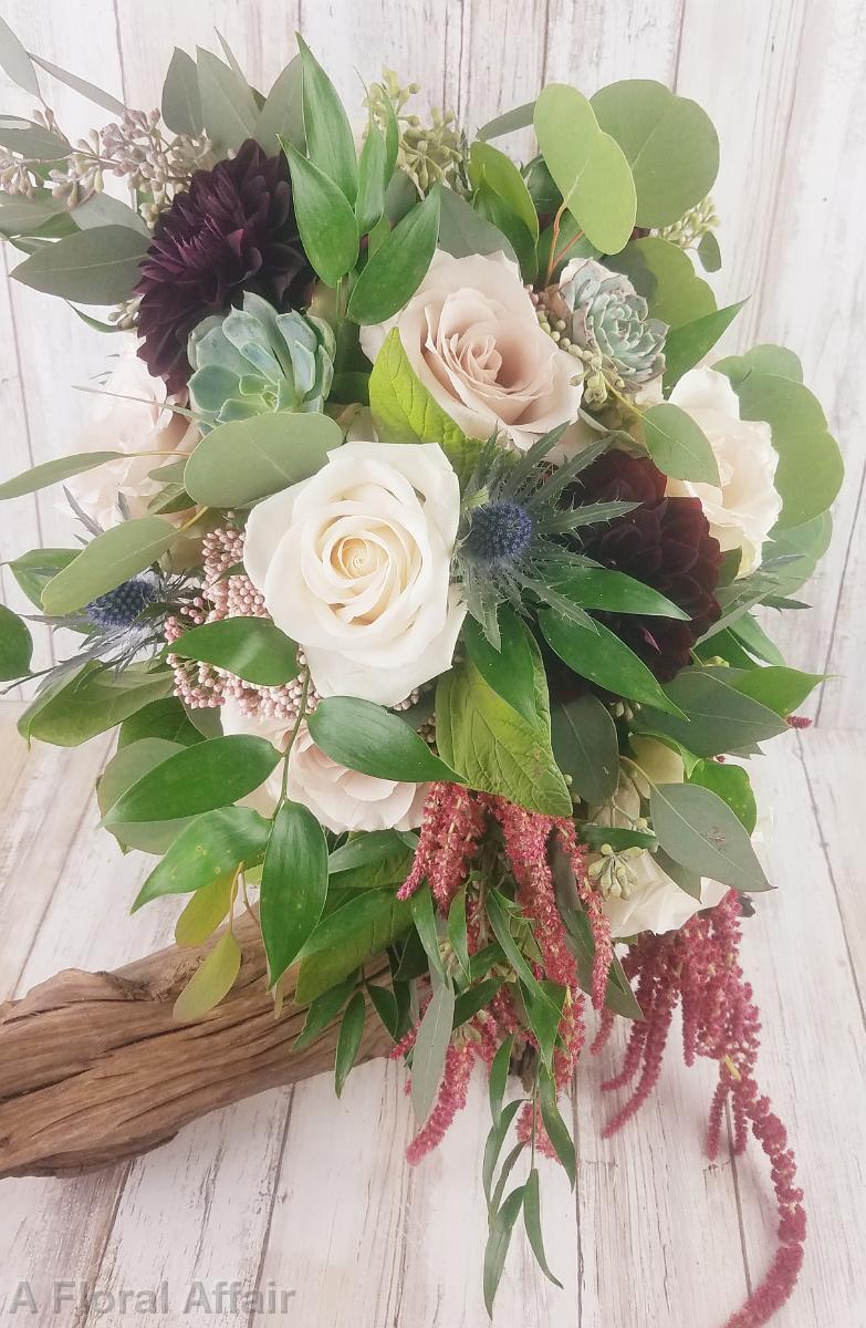 BB1500-Cascading brides bouquet, maroon, blues and blush with greenery's-1