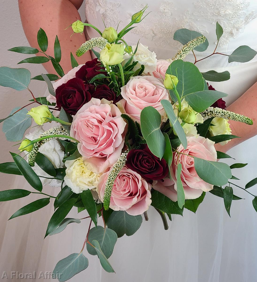 BB1545-Loose Greenery with Blush, Burgundy, and White Brides Bouquet