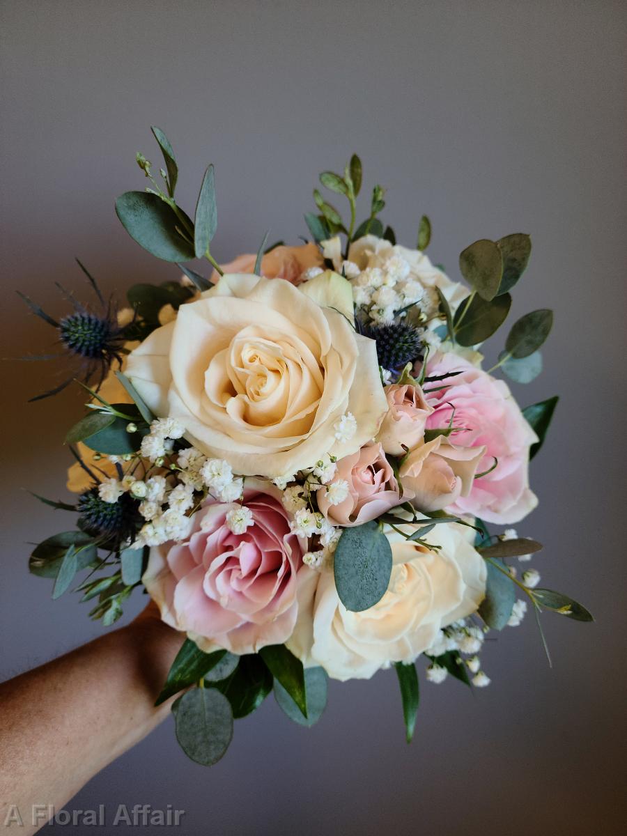 BB1615-Blush, Cream and Blue Bridesmaids Bouquet