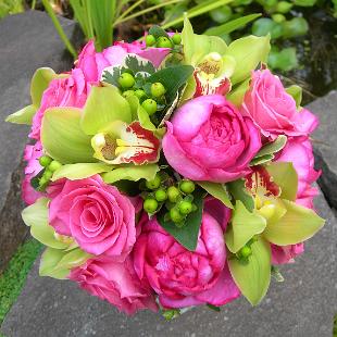 BB0142-Bright Pink Rose, Green Cymbidium Orchid Bouquet