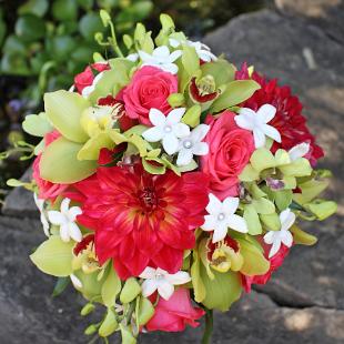 BB0371-Watermelon Dahlia and Green Orchid Wedding Bouquet