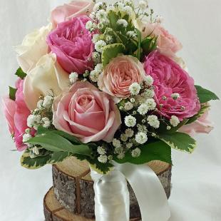 BB1025-Pink Garden Rose and Babys Breath Wedding Bouquet