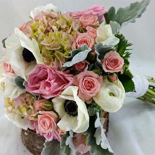 BB1045-White Anomie, Ranunculus and Pink Garden Rose Wedding Bouquet