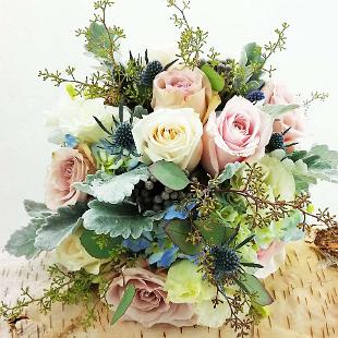 BB1221-Shades of Ice Blue, Morning Glory, and Tickled Pink Brides Bouquet with Gra