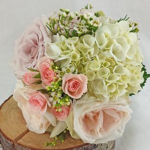 BB1303-Mauve and White Rose, Hydrangea and Wax Flower Small Wedding Bouquet
