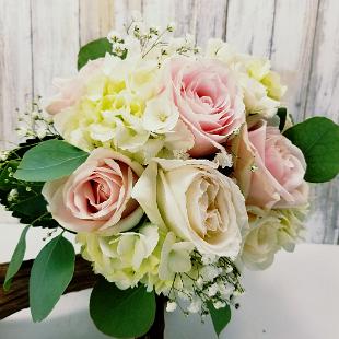 BB1335-White Hydrangea, White O'Hara Garden Rose, White Spray Rose, Rosita Vendela Rose, and Baby's Breath