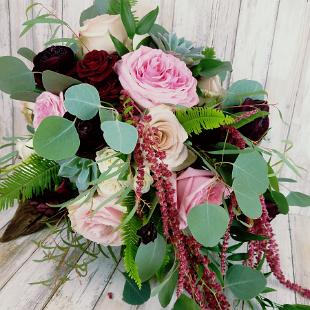 BB1430-Natural Cascading, Green, Burgundy and Pink Brides Bouquet