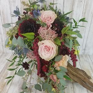 BB1458-Wine Dahlia and Pink Rose Cascading Bride's Bouquet