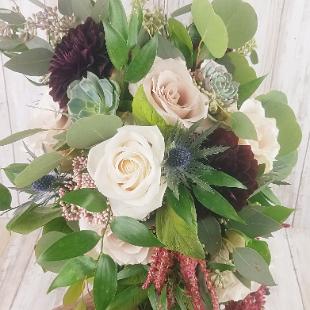 BB1500-Cascading brides bouquet, maroon, blues and blush with greenery's-1