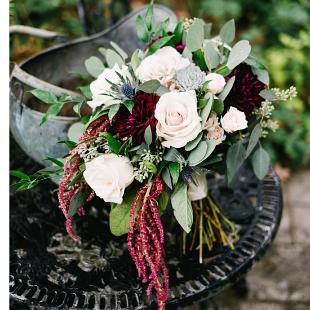 BB1539-Moody Merlot, Dusty Blue and Blush Brides Bouquet