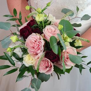 BB1545-Loose Greenery with Blush, Burgundy, and White Brides Bouquet