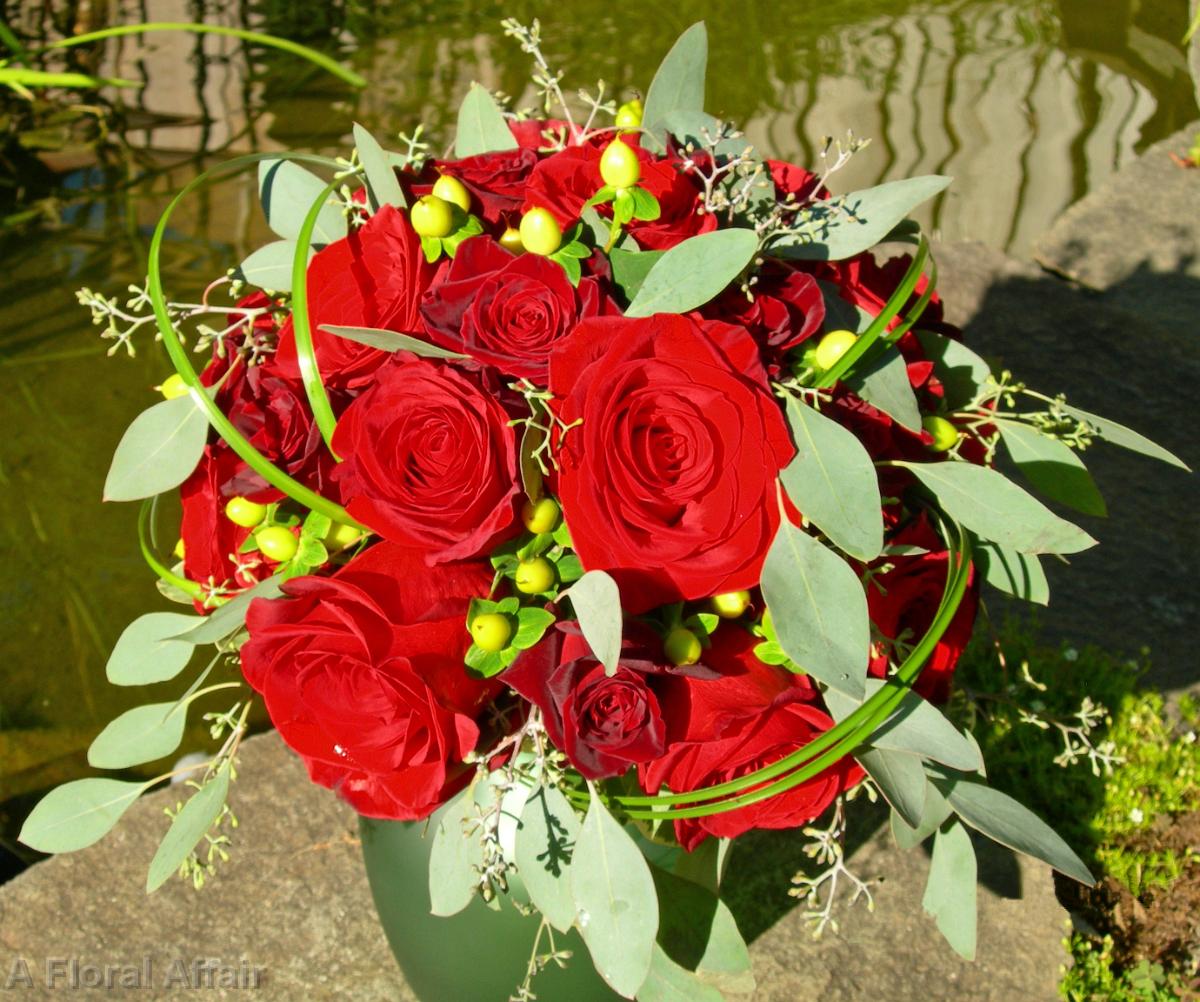 BB0049-Red Rose, Eucalyptus, and Green Berries Bride's Bouquet