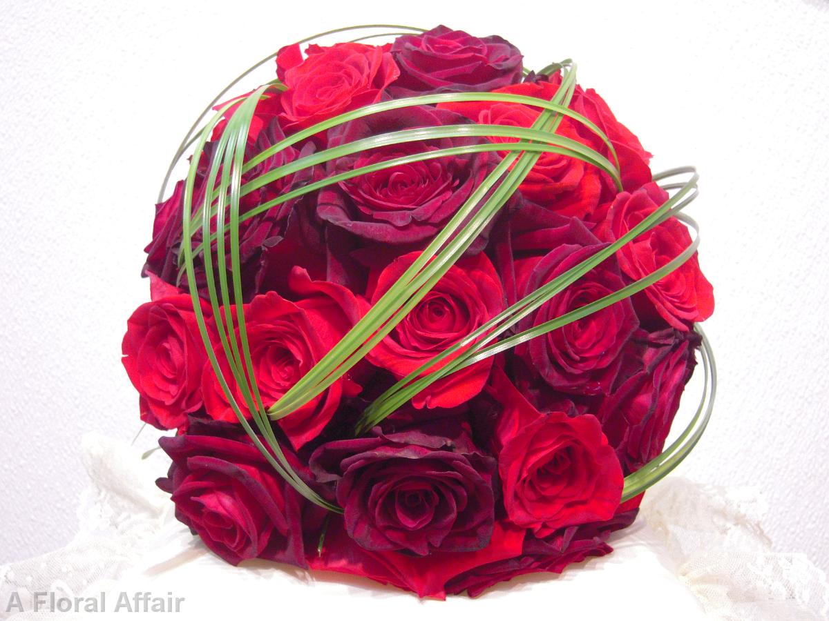BB0305-Round Red Rose and Bear Grass Wedding Bouquet