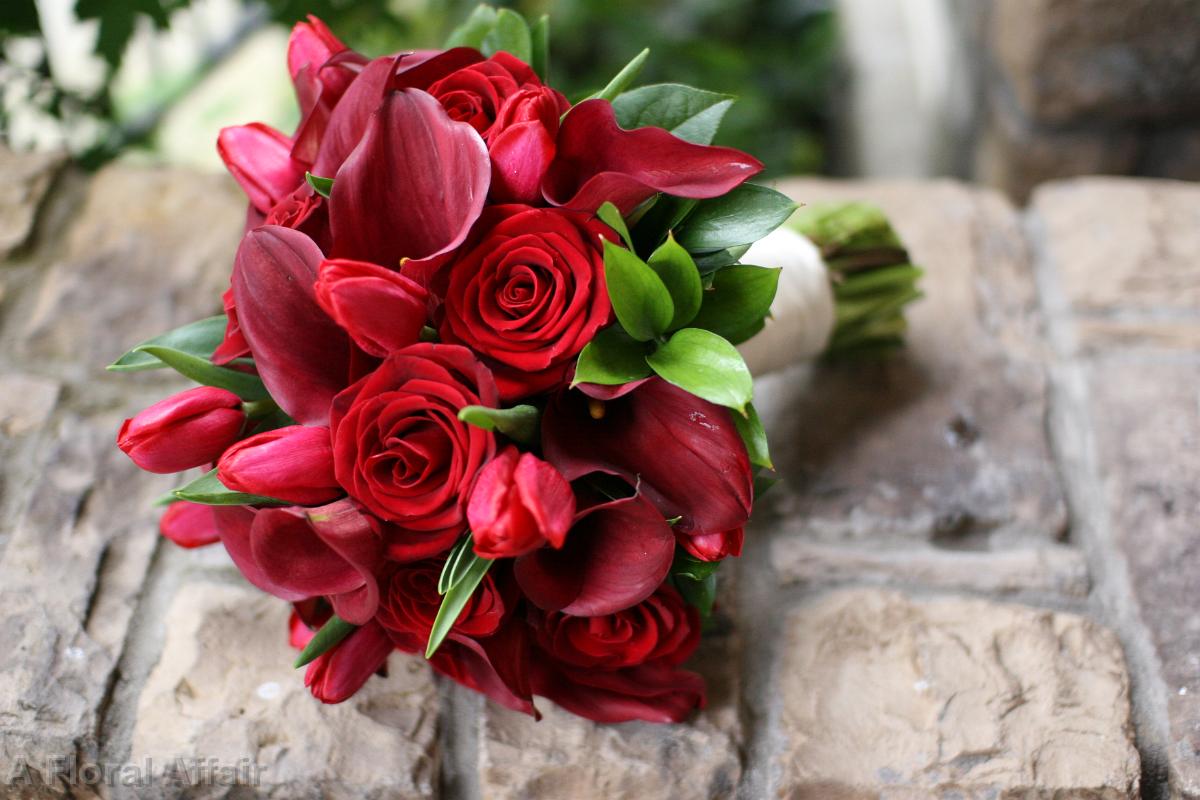 BB0420-Red Tulip, Rose, and Mini Calla Lily Bouquet