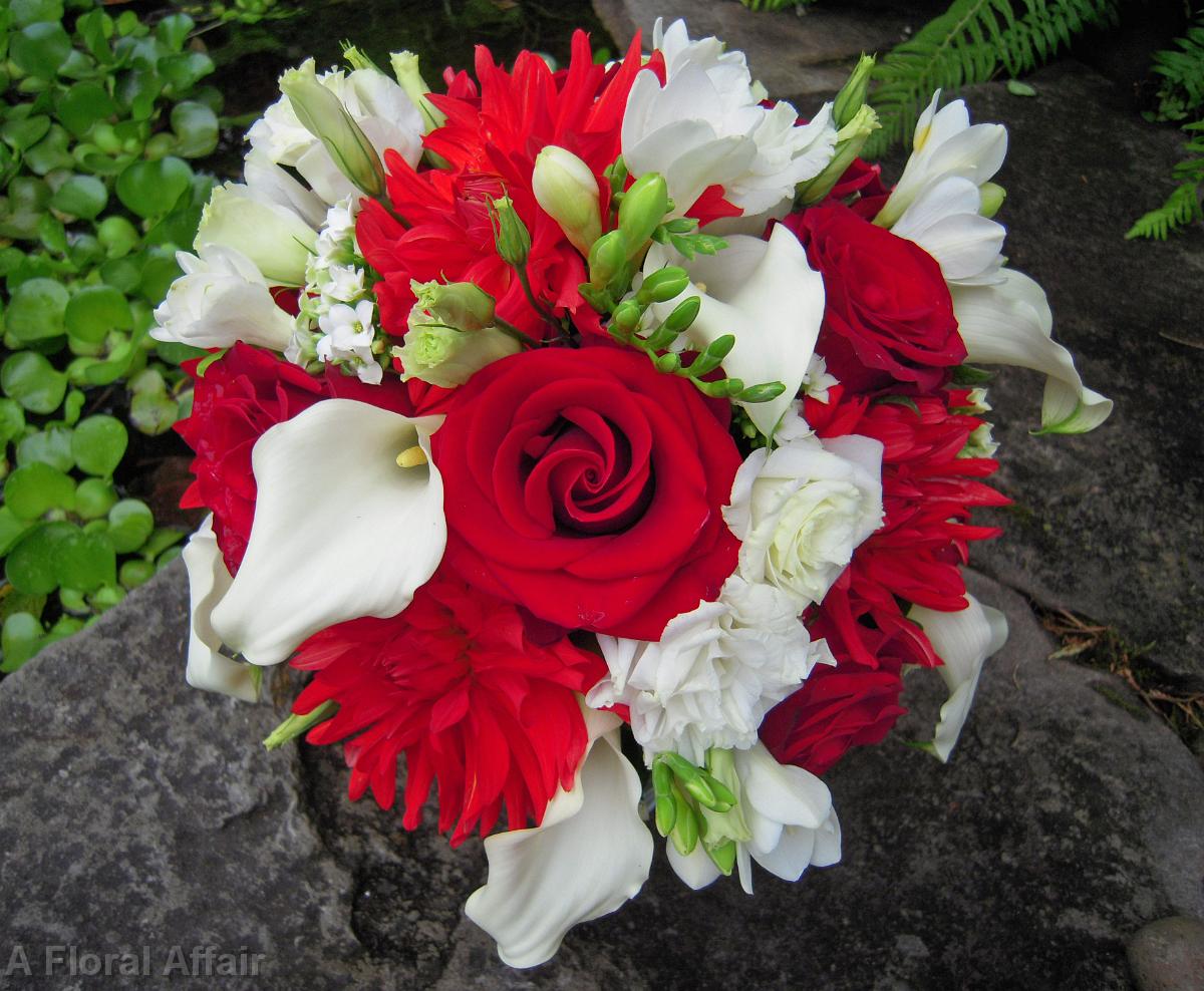 BB0458-Red Rose, White Dahlia, Freesia, and Lisianthus Bouquet