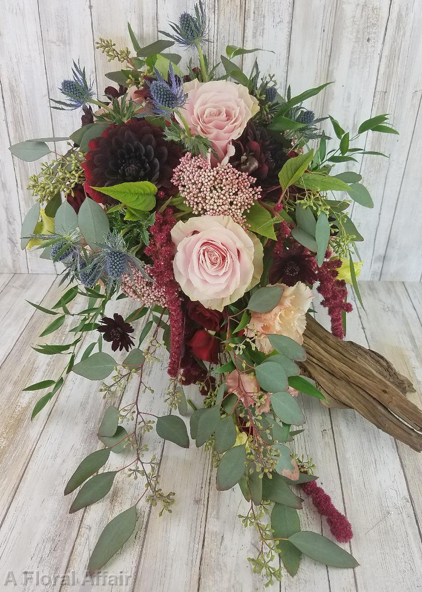 BB1458-Wine Dahlia and Pink Rose Cascading Bride's Bouquet