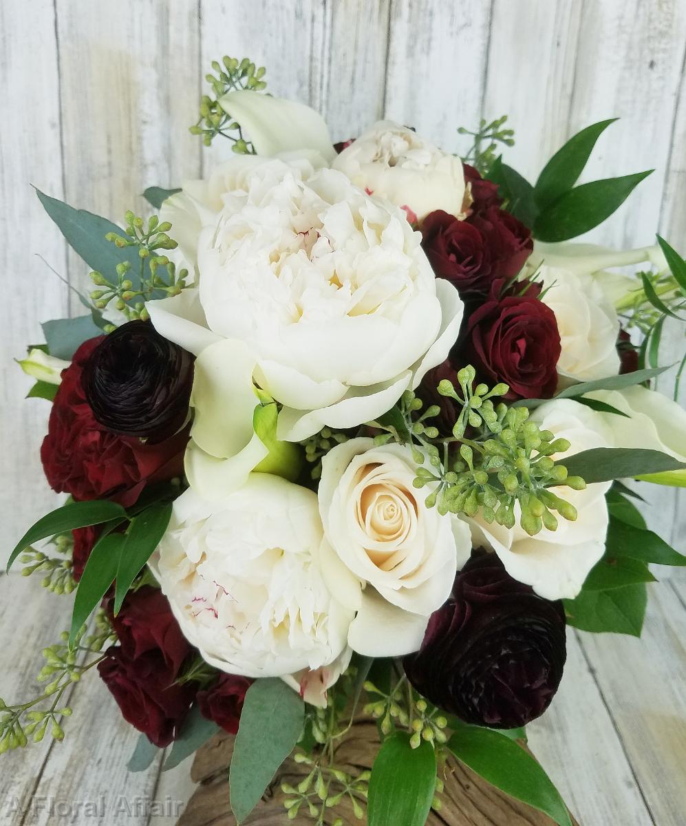 BB1467-White peony, burgundy ranunculas and spray rose bridal bouquet-1