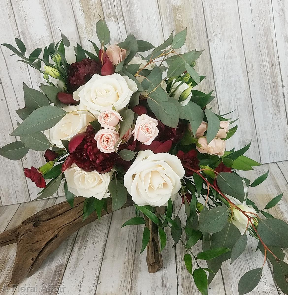 BB1482-Cascading bouquet with burgundy peony, ivory roses, blush spray roses and white lisianthus-1