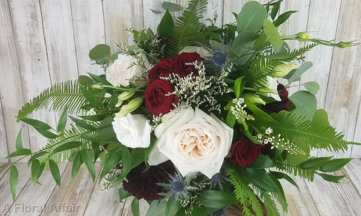 BB1502-Greenery,burgundy, white with blue wedding bouquet