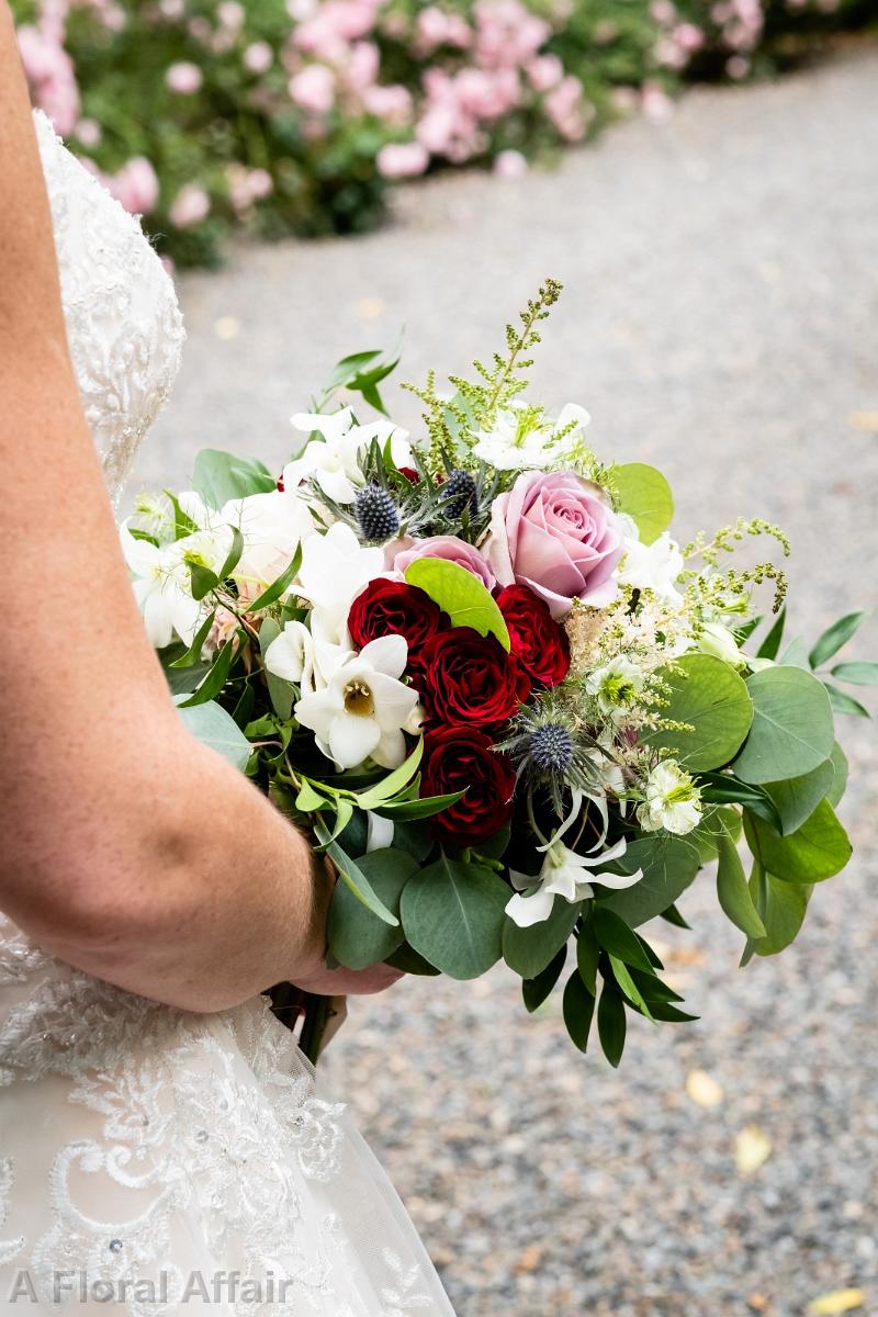 BB1541-Maroon, Dusty Blue and Lavender Brides Bouquet