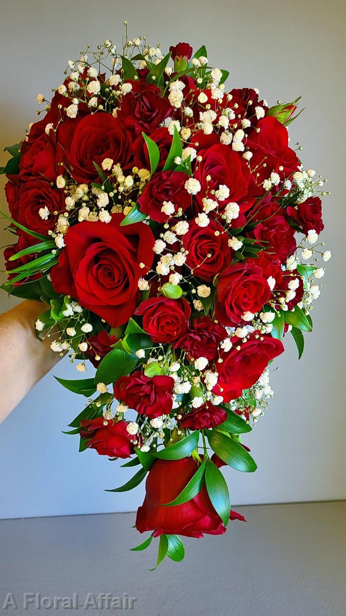 BB1677- Cascading Bridal Bouquet with Red Roses and Baby's Breath