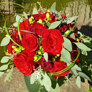 BB0049-Red Rose, Eucalyptus, and Green Berries Bride's Bouquet