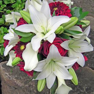 BB0352-Red Rose, Dahlia, and White Lily Bouquet