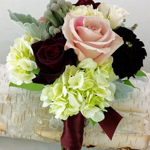 BB1169A-Romantic white, merlot, blush and gray bridesmaids bouquet