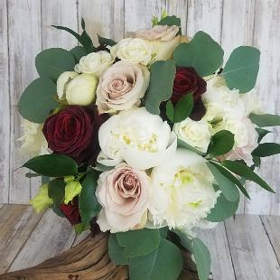 BB1434-Bride's White Peony, Red and Blush Rose's Bouquet