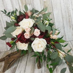 BB1482-Cascading bouquet with burgundy peony, ivory roses, blush spray roses and white lisianthus-1