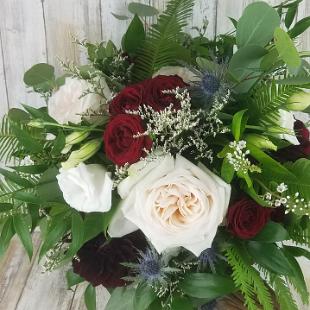 BB1502-Greenery,burgundy, white with blue wedding bouquet