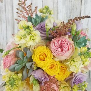 BB1440-Spring Pink, Yellow and Lavender Brides Bouquet